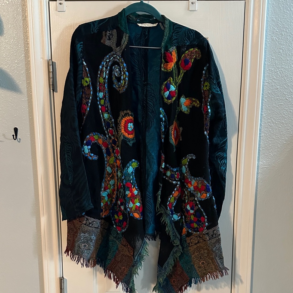 Soft Surroundings Wool Silk Colorful Embroidered Peacock Fringe Duster Medium